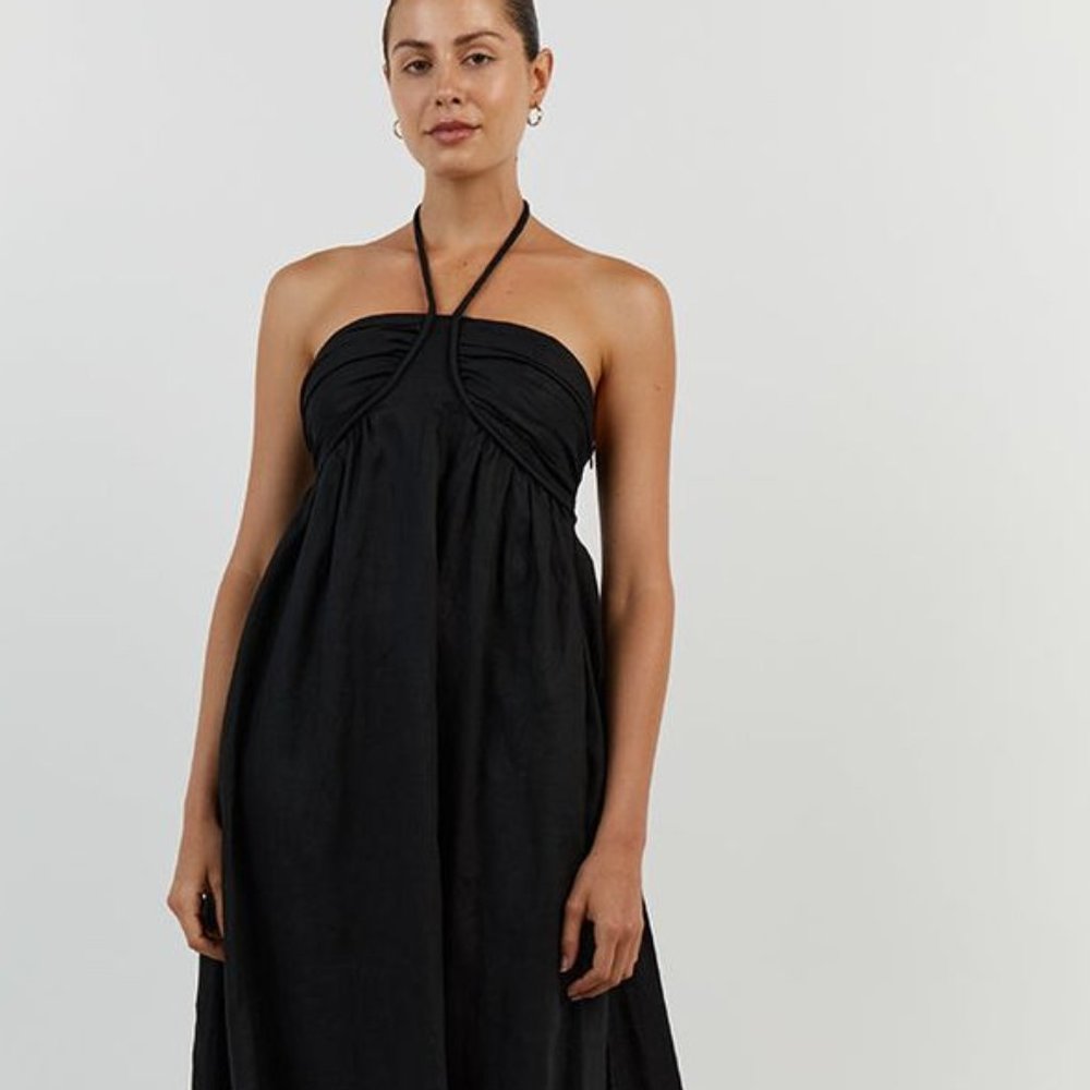 Dissh Gina Halterneck Black Linen Maxi Dress Sz 6 NWT Resort Quiet Luxury Beach